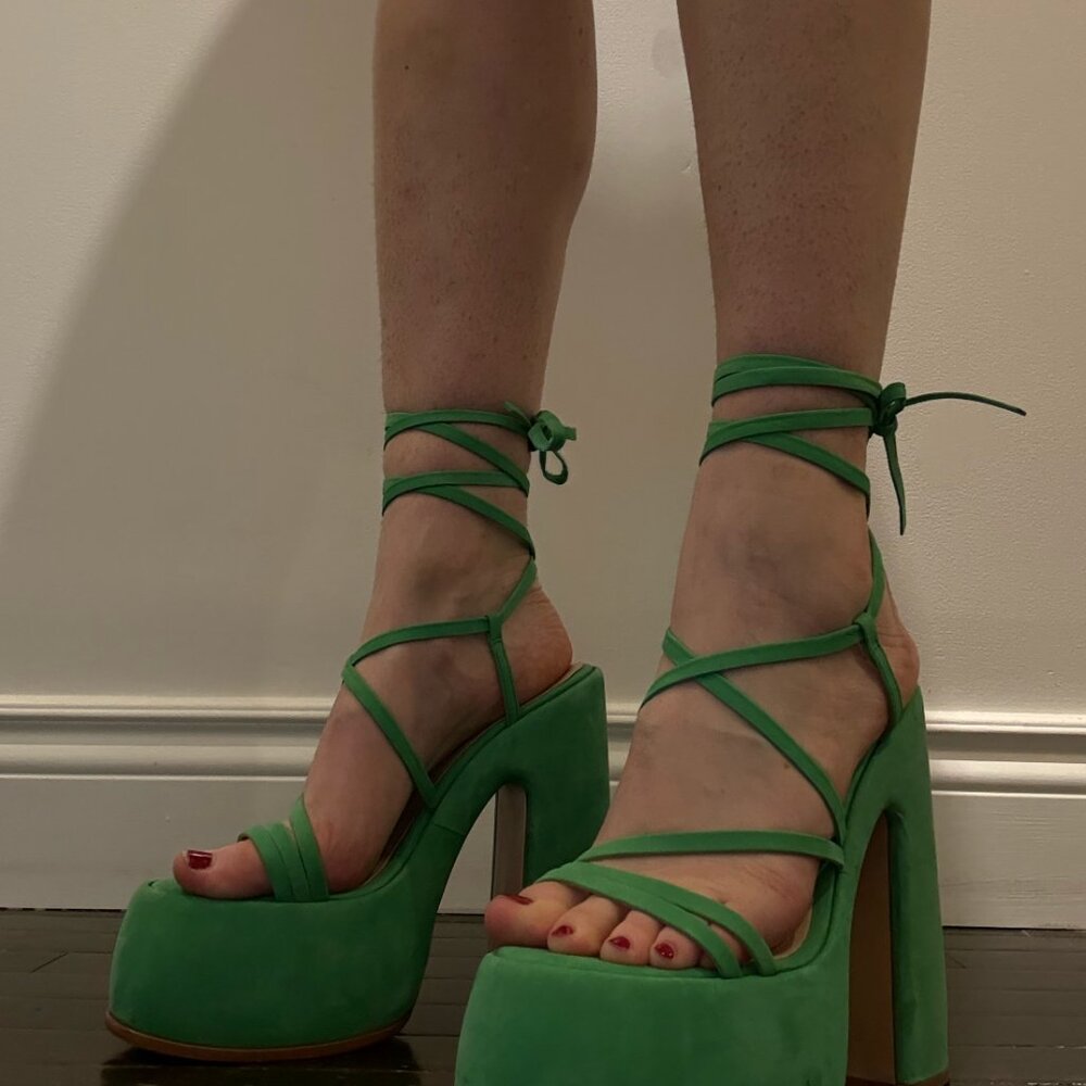 SCHUTZ Lynda Nubuck Gianni Green 70’s Stappy Calf Wrap Sexy Platform Sandals - Picture 6 of 6
